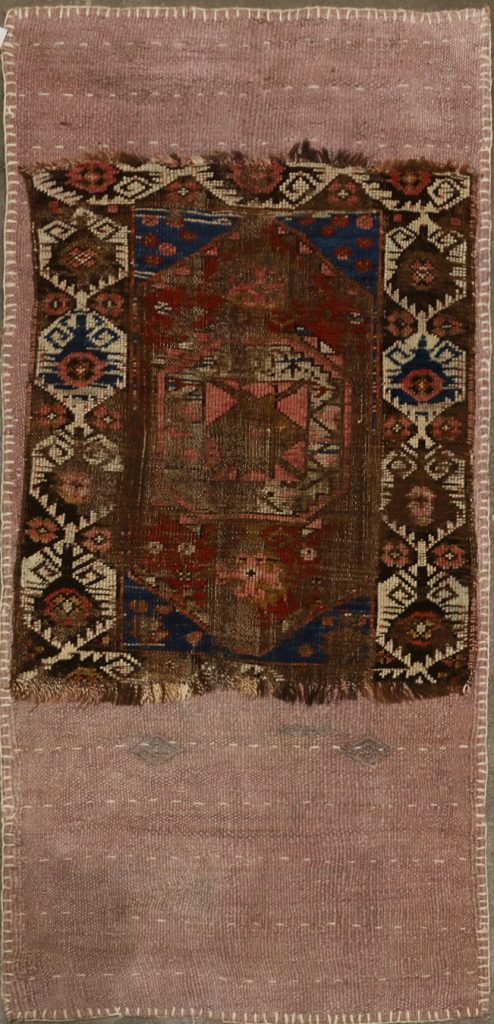 Vintage Tribal Geometric Beige Brown and Red Wool Turkish Rug Fragment