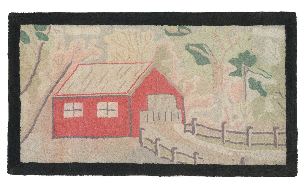 Antique Hooked Rug with Farm Pictorials in Cream and Green, from Rug & Kilim