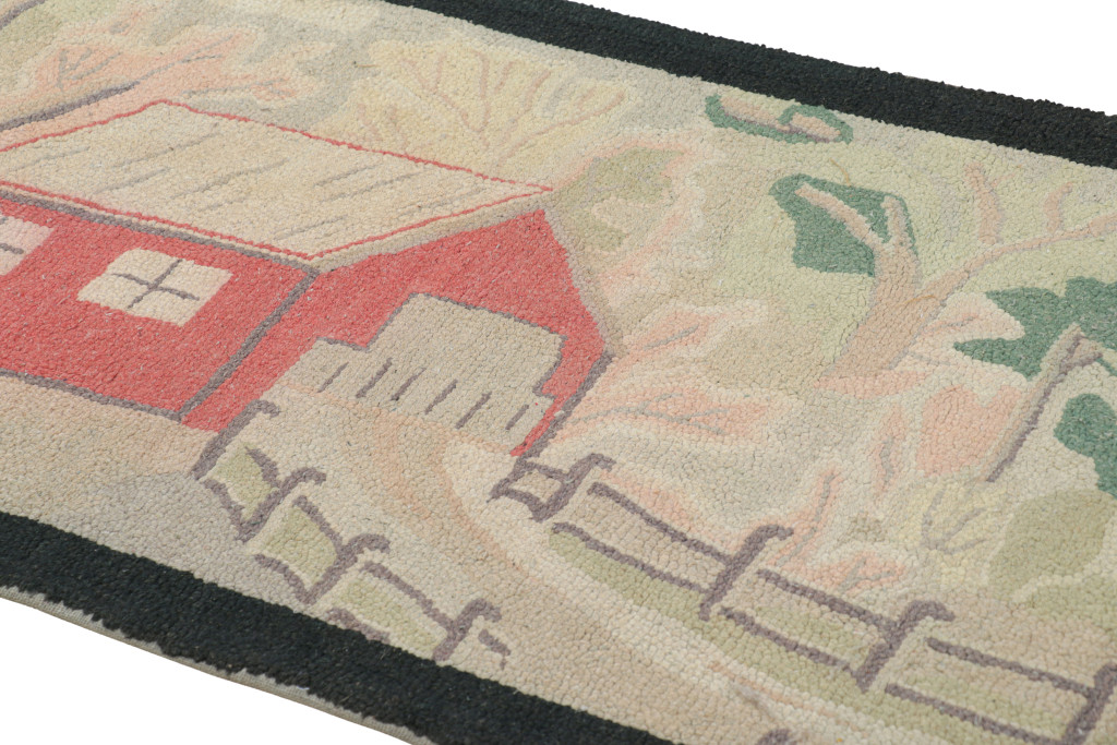 Hover image of Antique Hooked Rug with Farm Pictorials in Cream and Green, from Rug & Kilim