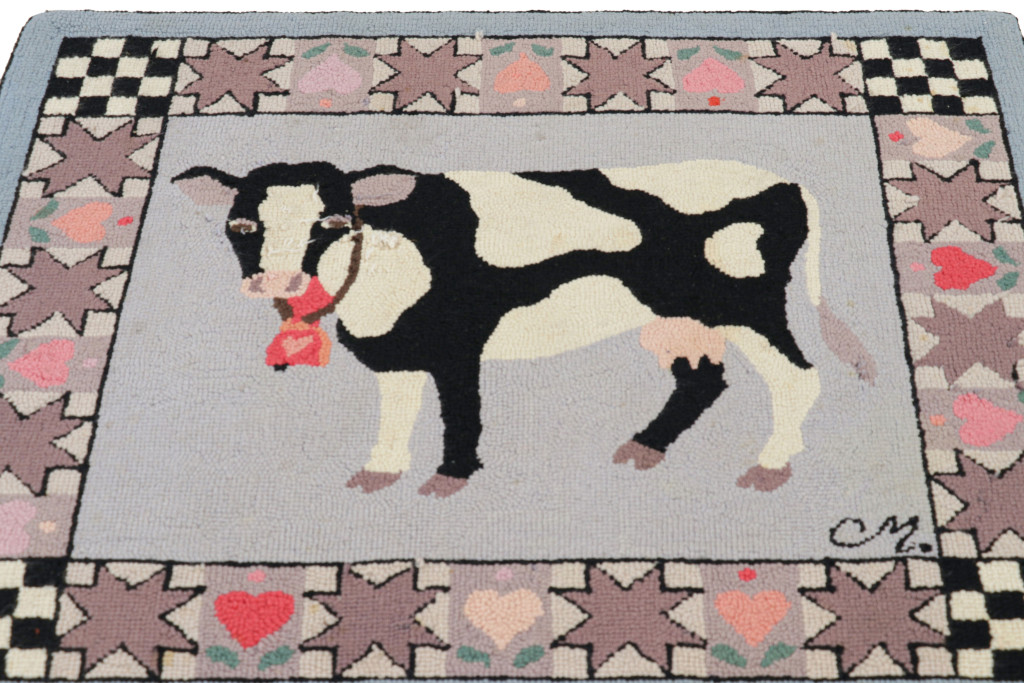 Hover image of Antique Square Hooked Rug with Animal Pictorials & Patterns, from Rug & Kilim