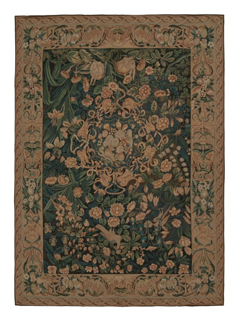 European Flatweave Rug in Brown with Floral Patterns