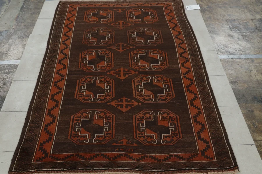 Vintage Persian Baluch Rug in Brown with Orange Medallions,