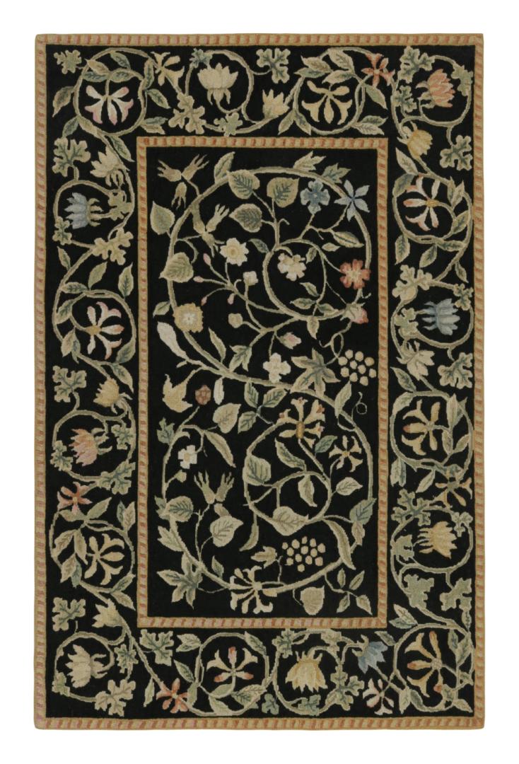 European Rug in Black with Floral Patterns