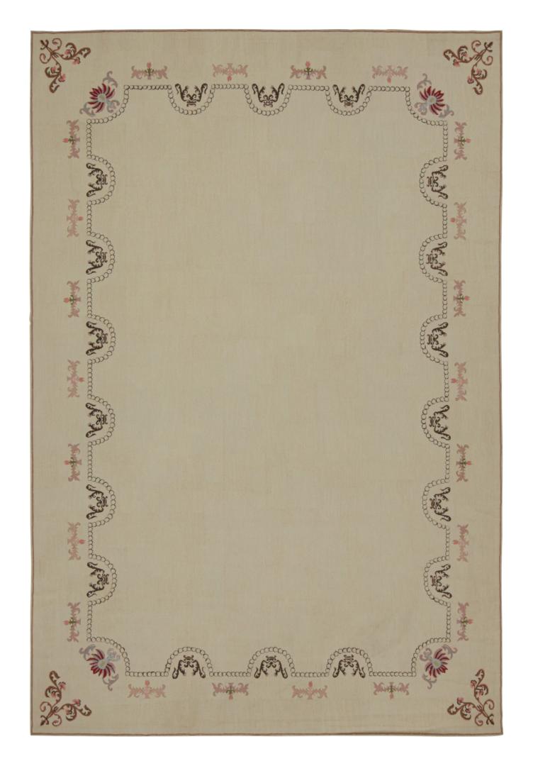 Aubusson Style Flatweave Rug with Floral Patterns and Open Field