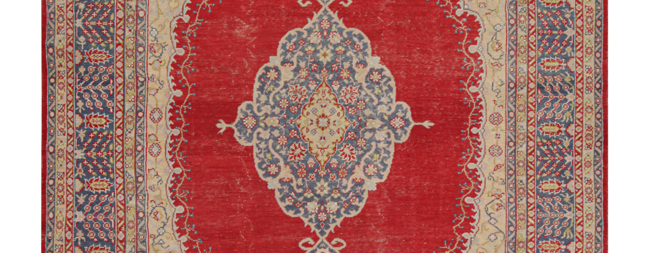 Antique Turkish Oushak Rug, Red with Florals