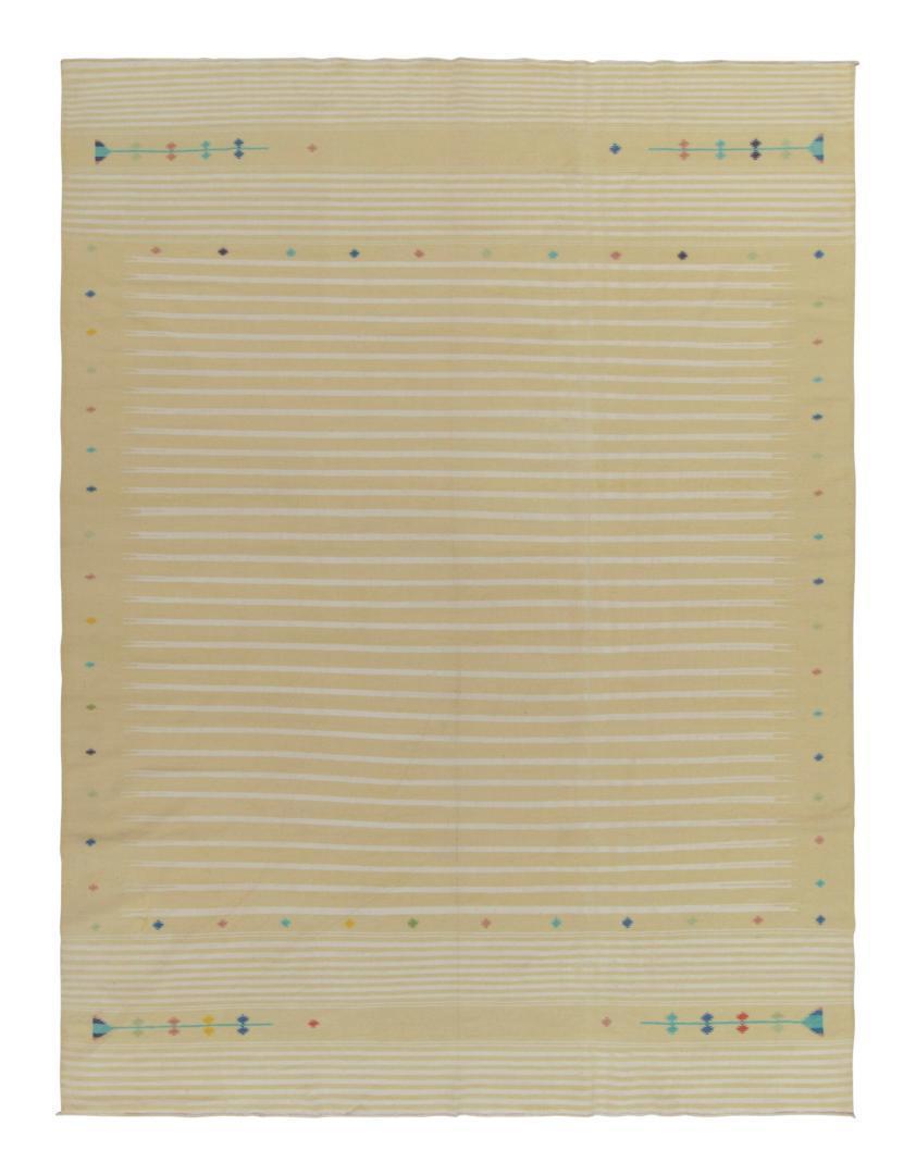 Vintage Dhurrie Kilim in Beige with White Stripe Patterns, available at Rug & Kilim
