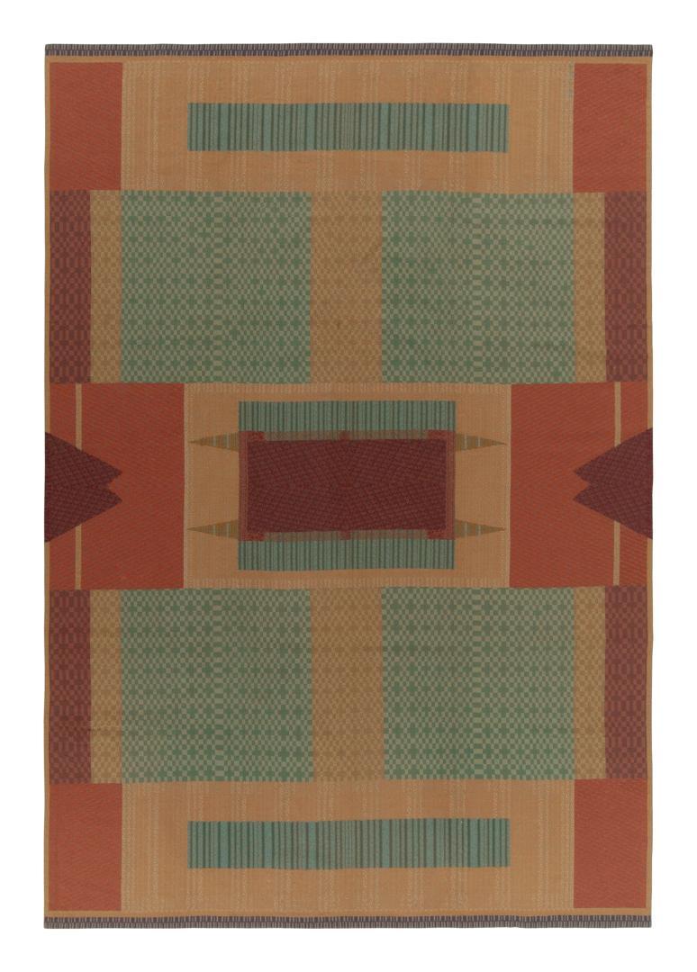 Vintage Art Deco Needlepoint Rug in Beige, Teal & Burnt Red Geometric Patterns, available at Rug & Kilim