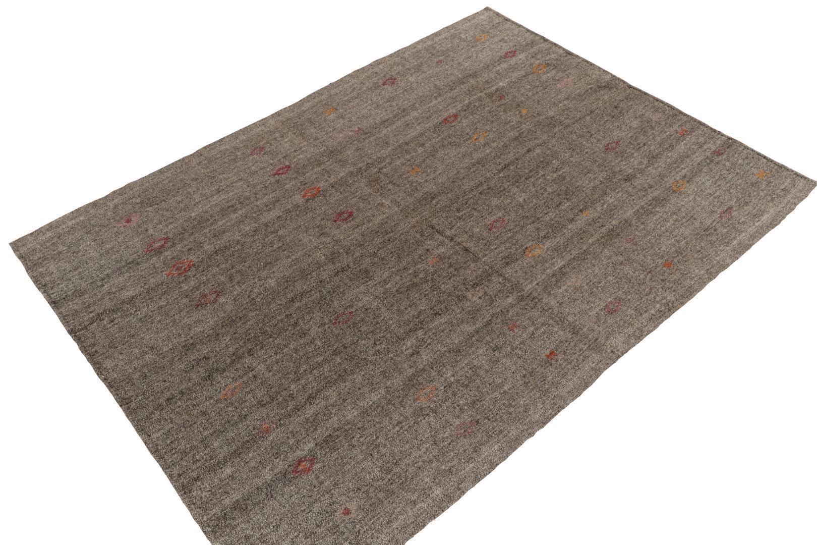Vintage Turkish Kilim rug in Gray Solid Striae, Subdued Multihued Embroidery, available at Rug & Kilim