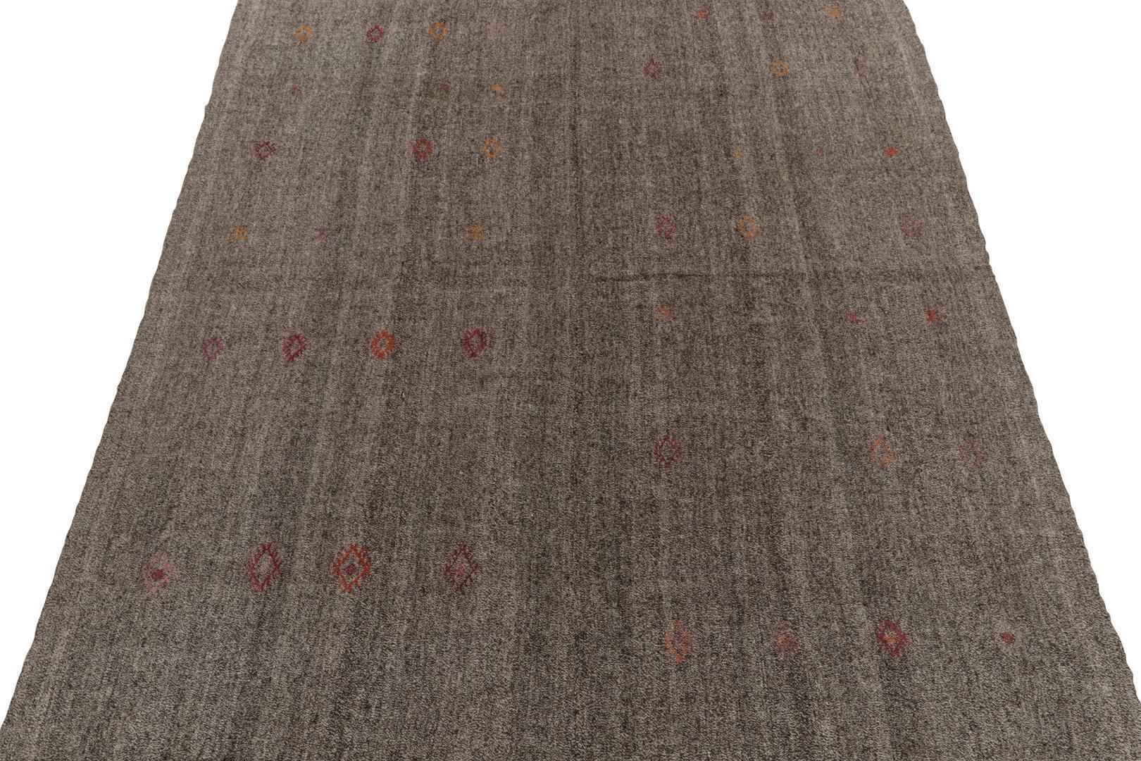 Vintage Turkish Kilim rug in Gray Solid Striae, Subdued Multihued Embroidery, available at Rug & Kilim