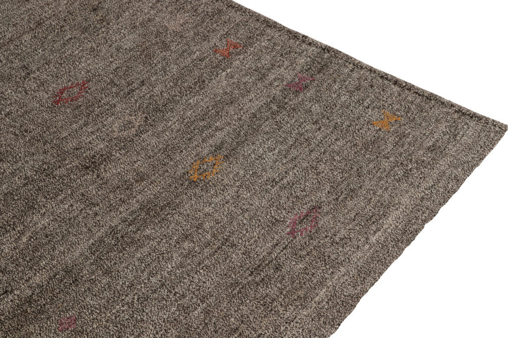 Vintage Turkish Kilim rug in Gray Solid Striae, Subdued Multihued Embroidery, available at Rug & Kilim