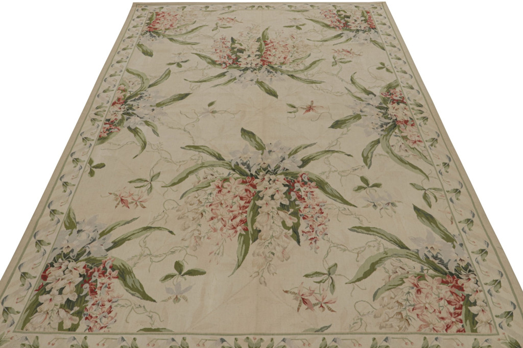 European Tudor Rug in Beige with Floral Patterns