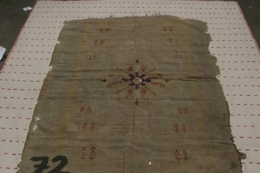 Hover image of Vintage Medallion Green-Blue and Red Wool Turkish Rug Fragment
