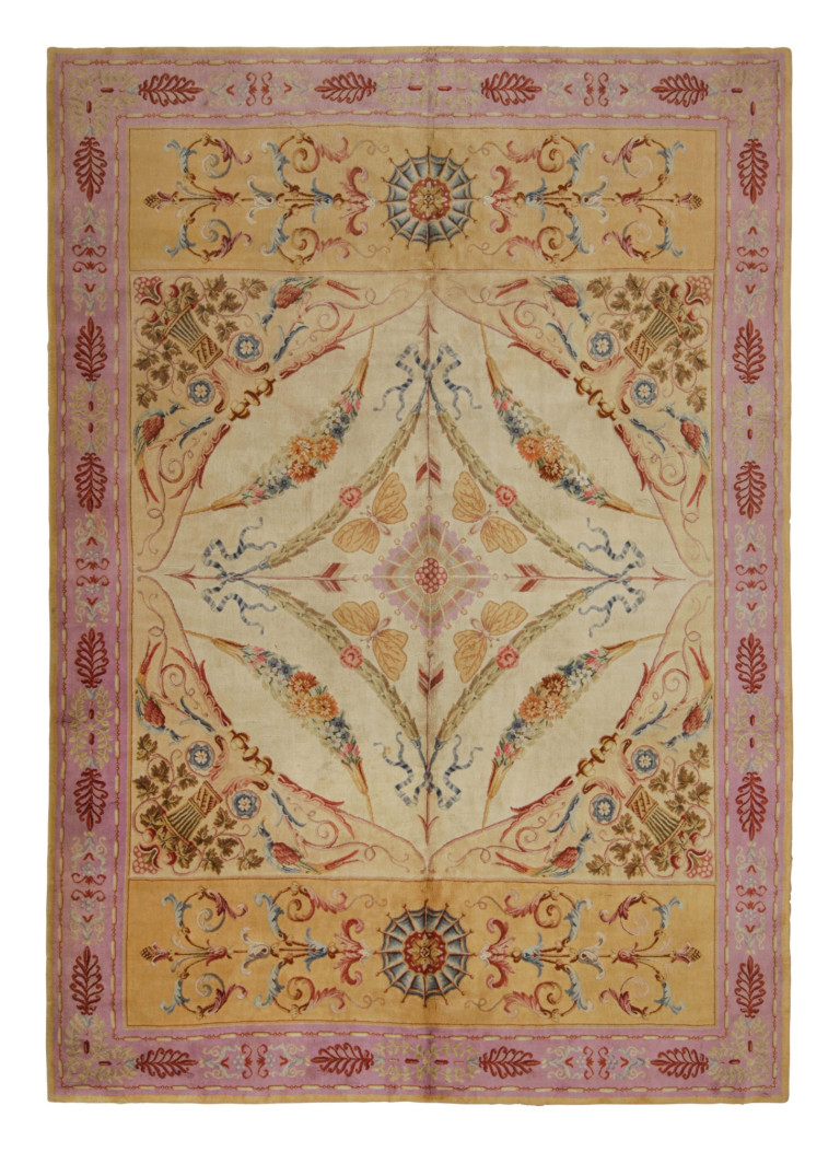 Antique French Savonnerie Rug in Cream with Floral Patterns, from Rug & Kilim