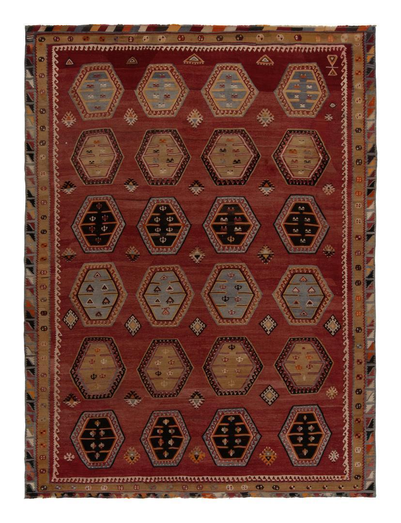 Vintage Turkish Kilim rug in Red, Beige-Brown and Blue Tribal Geometric Patterns, available at Rug & Kilim