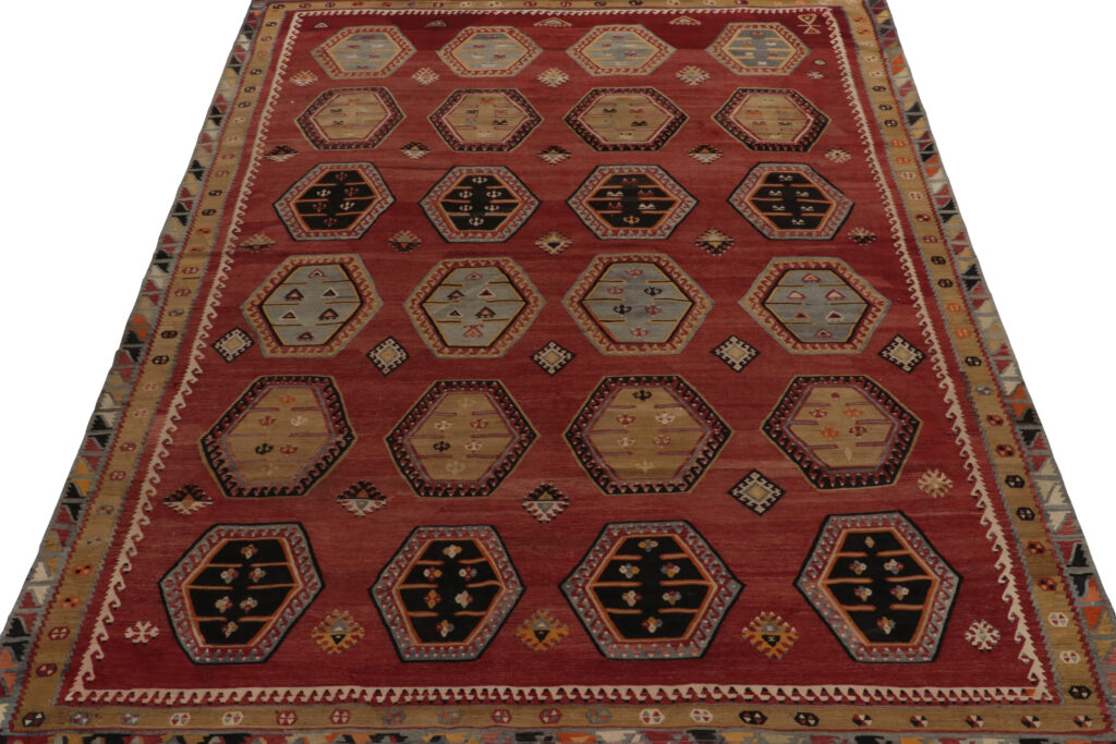 Vintage Turkish Kilim rug in Red, Beige-Brown and Blue Tribal Geometric Patterns, available at Rug & Kilim