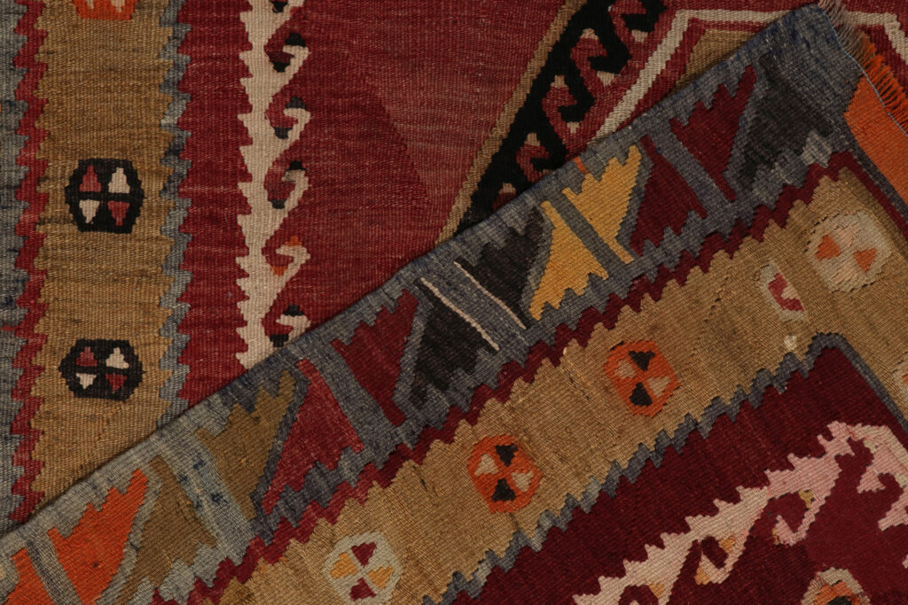 Vintage Turkish Kilim rug in Red, Beige-Brown and Blue Tribal Geometric Patterns, available at Rug & Kilim