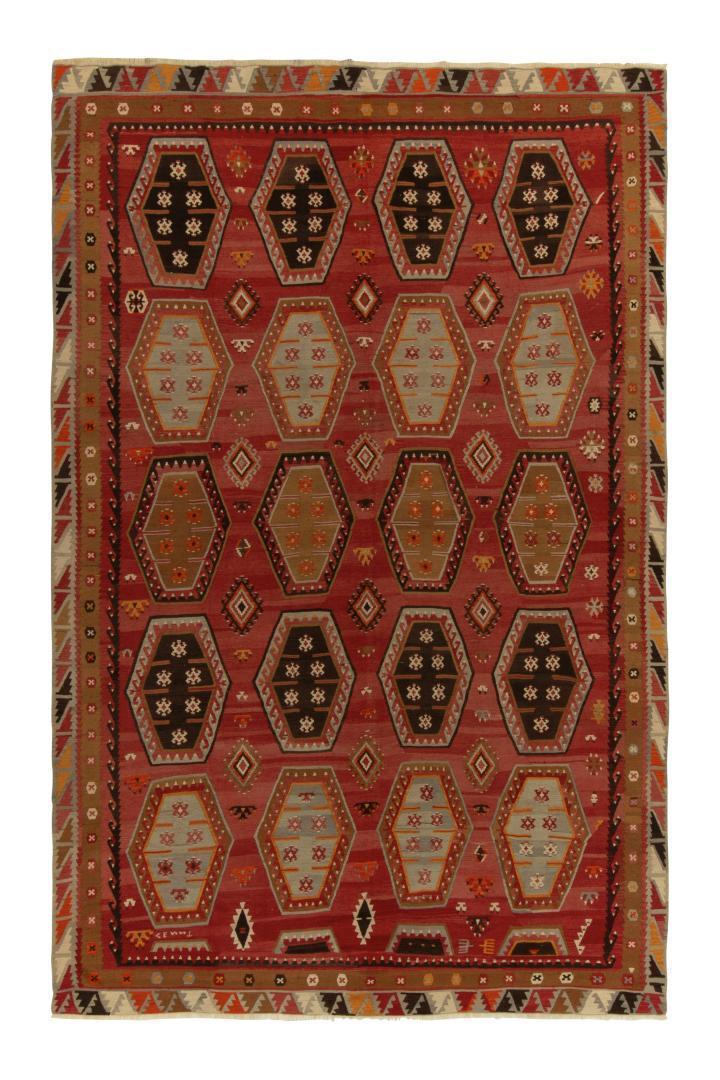 Vintage Turkish Kilim rug in Red, Beige-Brown and Blue Tribal Geometric Patterns, available at Rug & Kilim