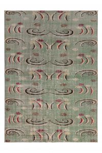 1960S MID CENTURY VINTAGE ART DECO RUG – DISTRESSED GREEN GEOMETRIC PATTERN 23338 Vintage Zeki Müren Rug