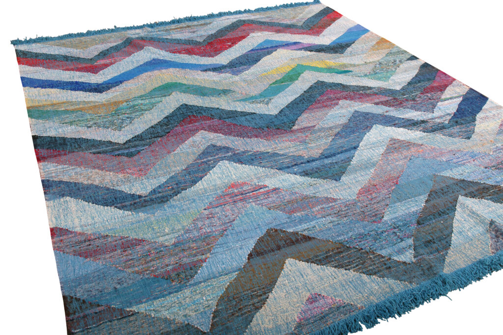 Modern Geometric Wool Kilim Blue White Multicolor Chevron Pattern 23369, available at Rug & Kilim