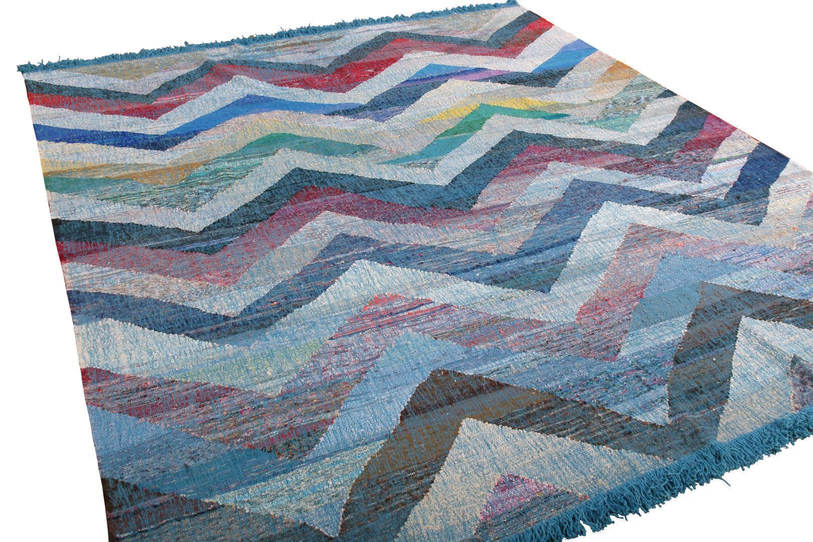 Modern Geometric Wool Kilim Blue White Multicolor Chevron Pattern 23369, available at Rug & Kilim