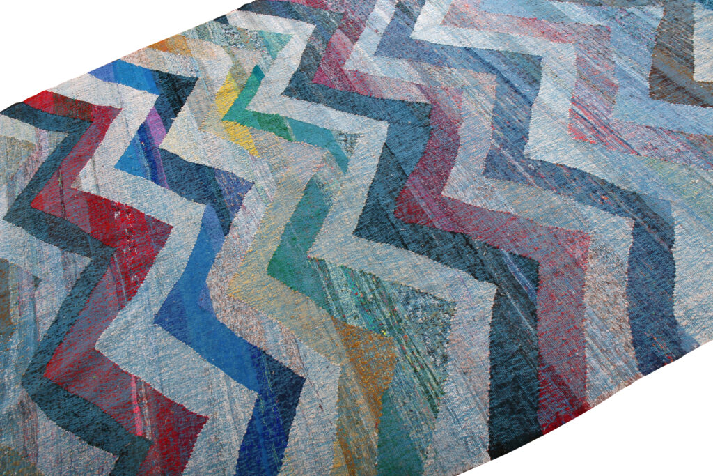 Modern Geometric Wool Kilim Blue White Multicolor Chevron Pattern 23369, available at Rug & Kilim