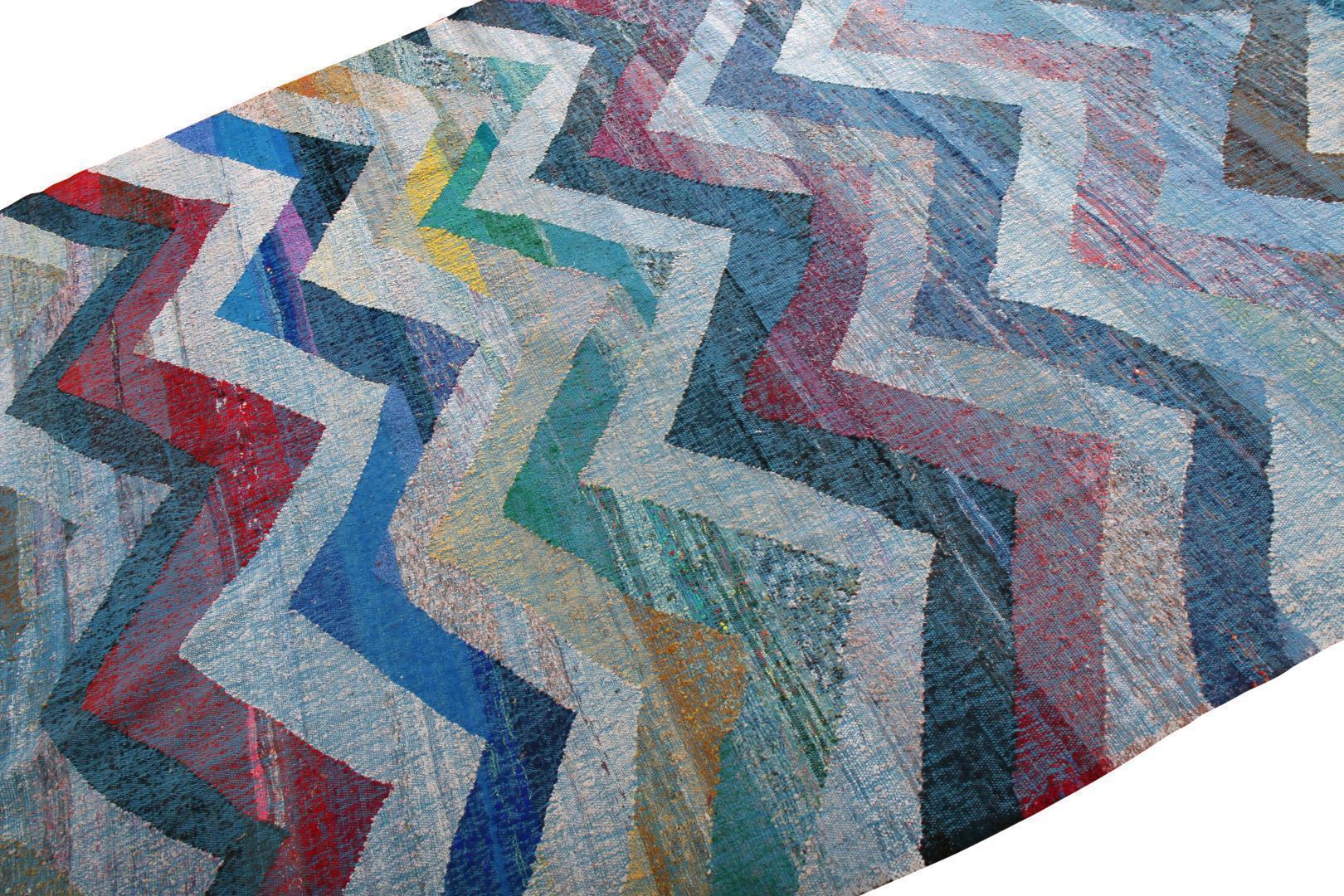 Modern Geometric Wool Kilim Blue White Multicolor Chevron Pattern 23369, available at Rug & Kilim