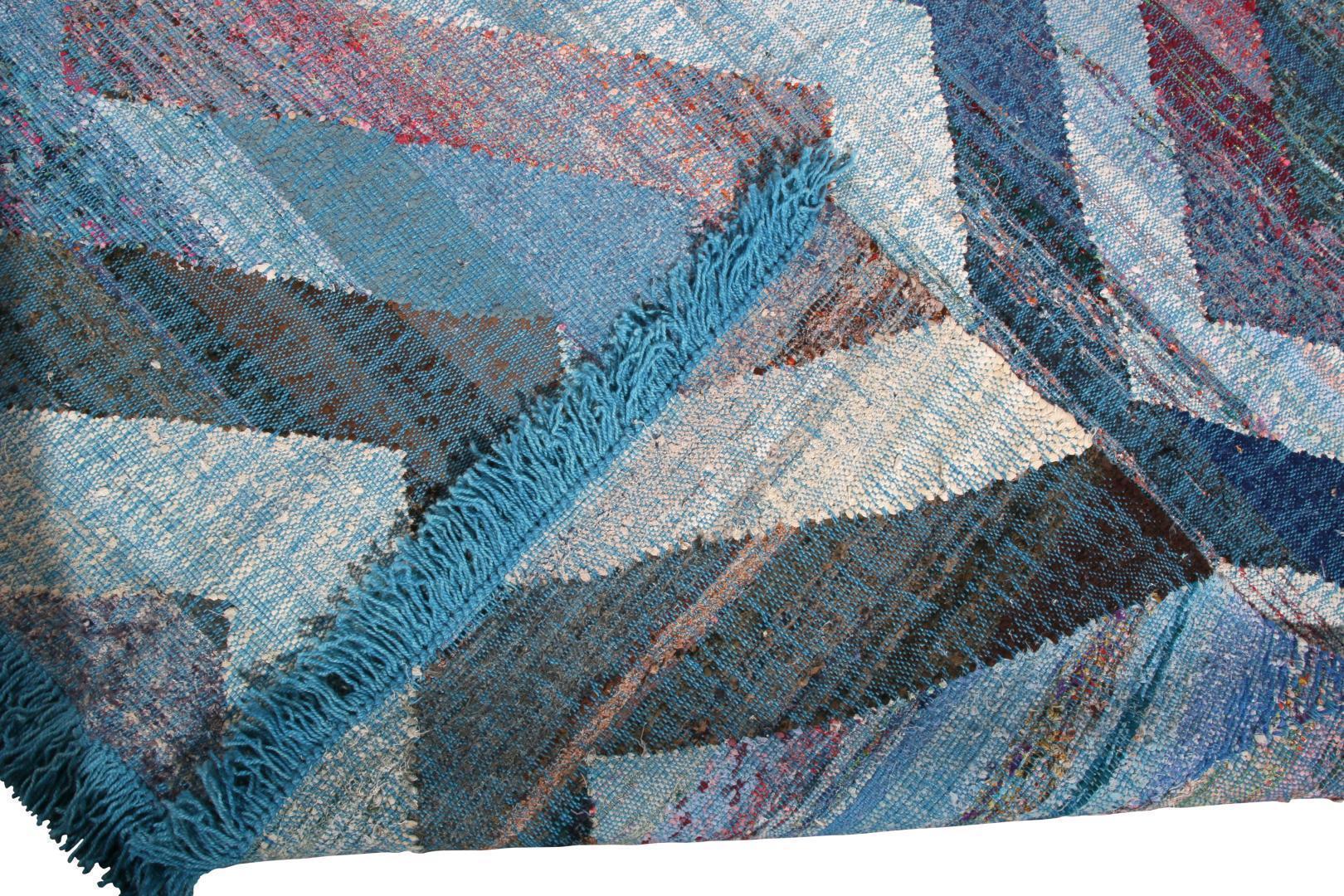 Modern Geometric Wool Kilim Blue White Multicolor Chevron Pattern 23369, available at Rug & Kilim