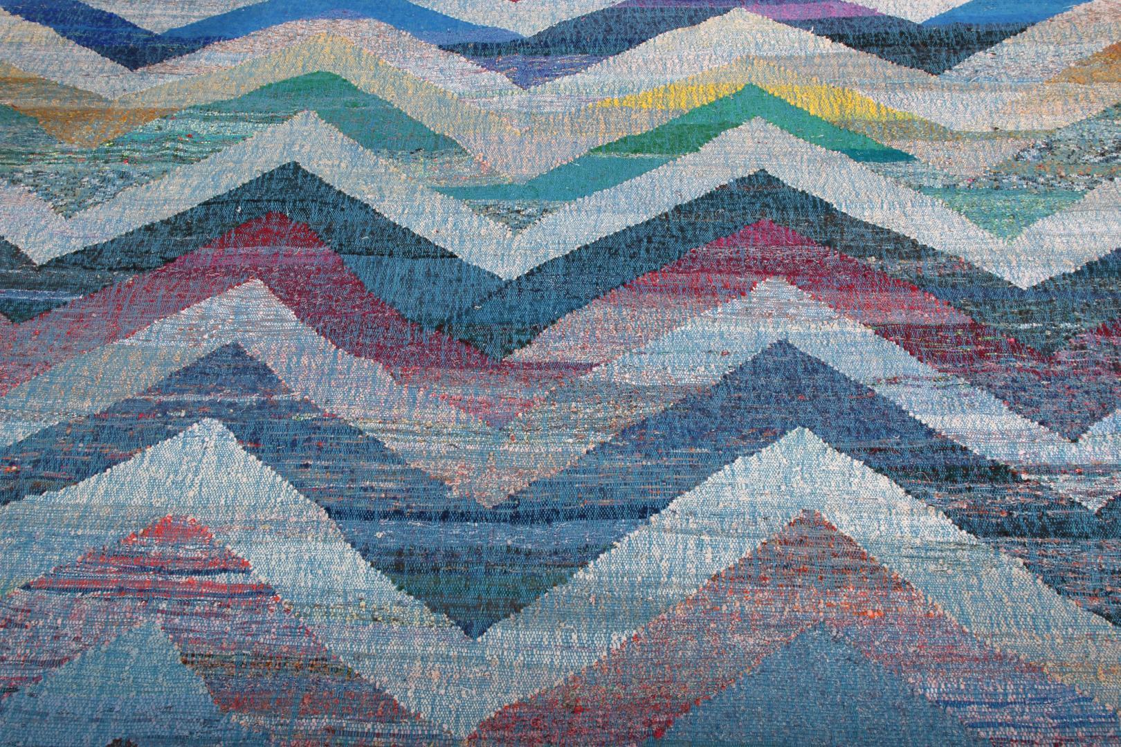 Modern Geometric Wool Kilim Blue White Multicolor Chevron Pattern 23369, available at Rug & Kilim