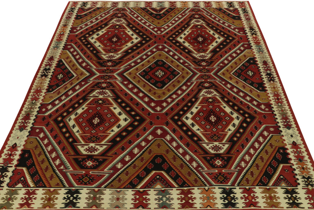 Handwoven Vintage Mid-Century Kilim Rug in Red Geometric All Over Pattern 23638, available at Rug & Kilim