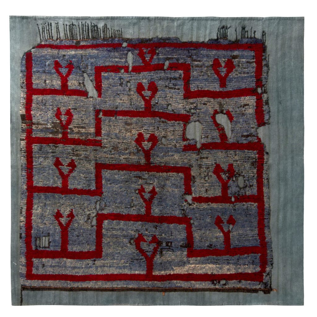 Distressed High-Low Square Kilim, Blue, Red Geometric Pattern by Rug & Kilim