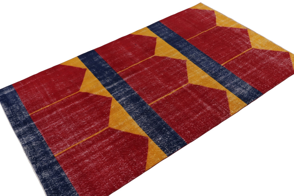 1960s Vintage Turkish Rug in Red, Blue, Gold Geometric Pattern