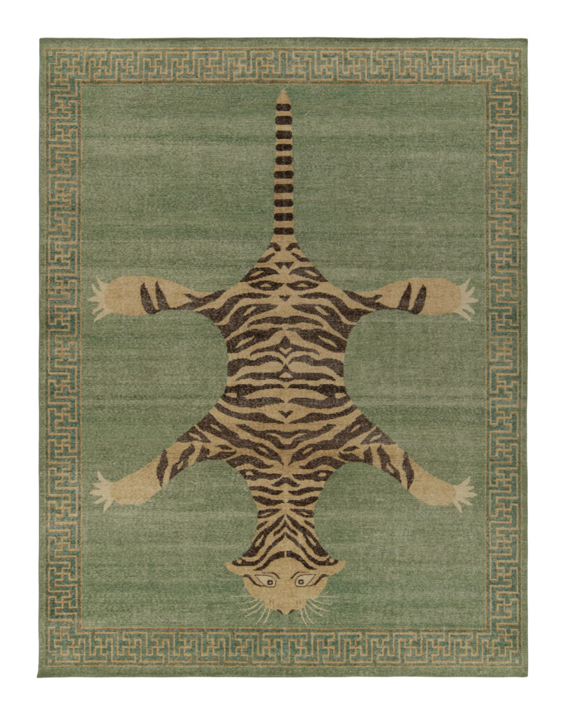 Rug & Kilim’s Distressed Tiger Skin Rug in Green, Beige & Black Pictorial
