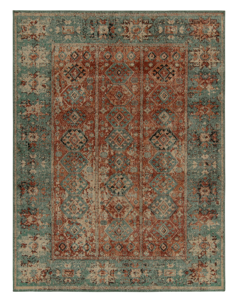Rug & Kilim’s Distressed Rug in Rust, Beige and Teal Tribal Medallions
