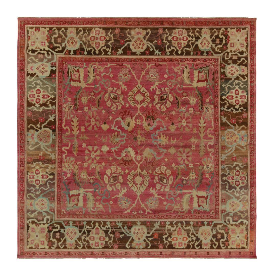 Rug & Kilim’s Classic style Square rug in Pink, Red and Beige-Brown Florals