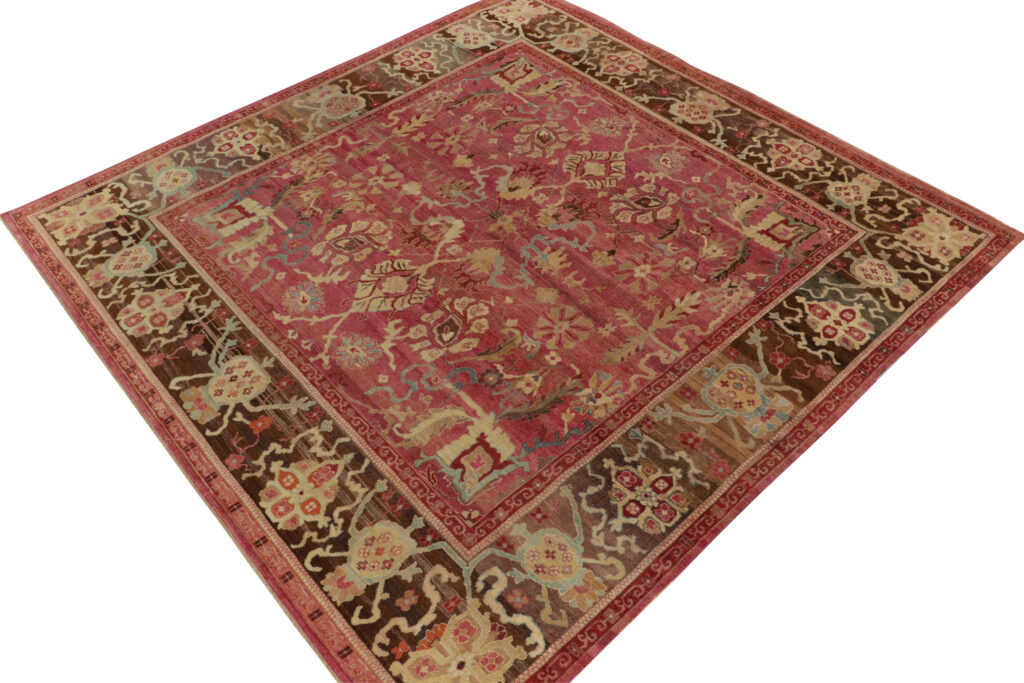 Rug & Kilim’s Classic style Square rug in Pink, Red and Beige-Brown Florals
