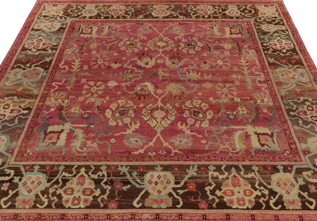 Rug & Kilim’s Classic style Square rug in Pink, Red and Beige-Brown Florals