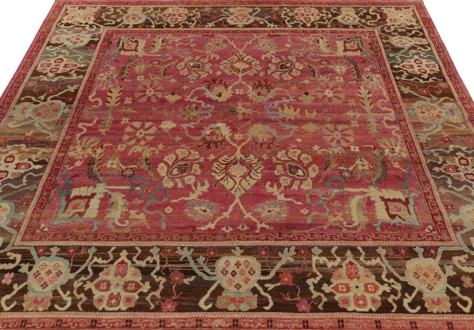 Rug & Kilim’s Classic style Square rug in Pink, Red and Beige-Brown Florals