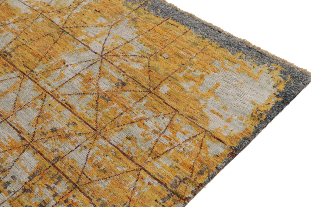 Rug & Kilim’s Abstract rug in Gold, Gray and Blue Layered Patterns