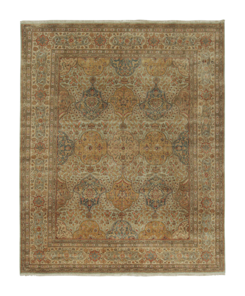 Vintage Turkish Rug in Beige-Brown and Blue Geometric Patterns