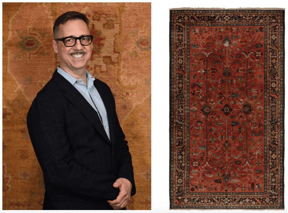 Todd's Pick June 2022 Rare Antique Hooked Rug In Orange With Blue And Beige-Brown Floral Patterns, chosen by Rug & Kilim Sales Liaison Todd Neitring