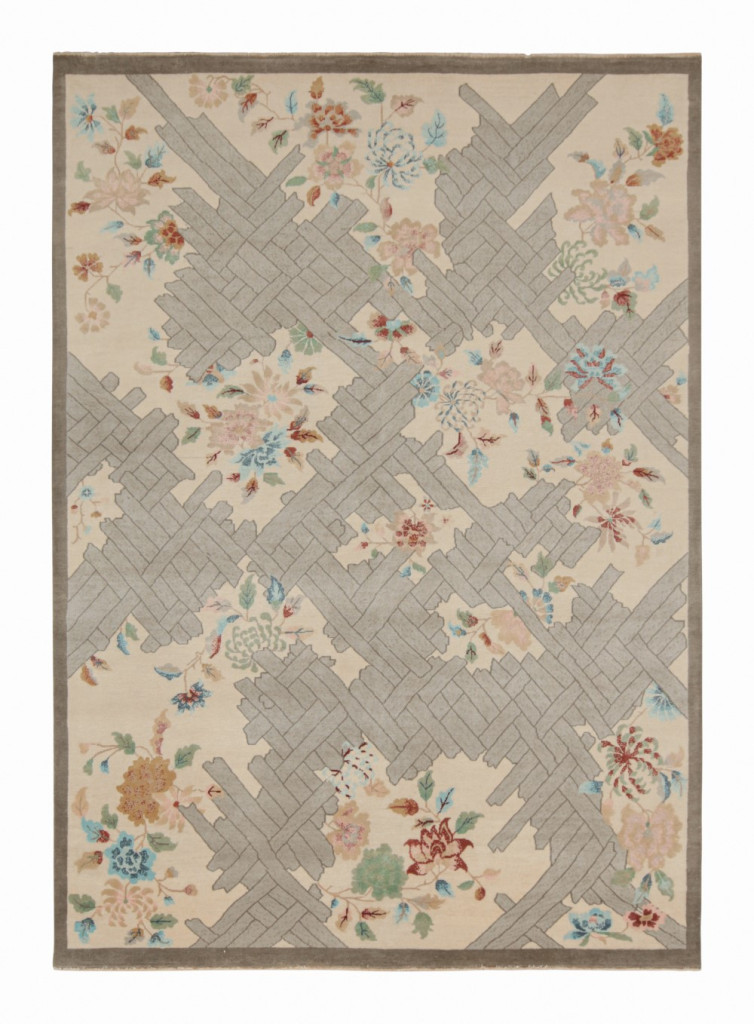 Rug & Kilim’s Chinese Art Deco rug in Beige with Colorful Florals