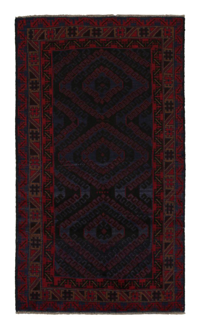 Vintage Afghani Baluch Tribal Rug in Blue with Red Geometric Patterns