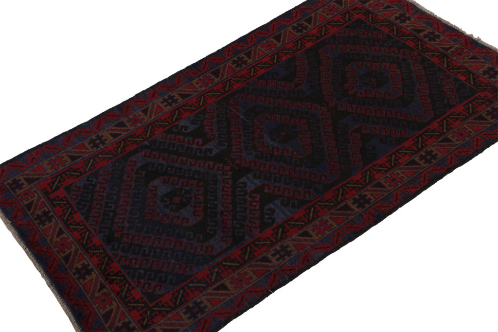 Vintage Afghani Baluch Tribal Rug in Blue with Red Geometric Patterns