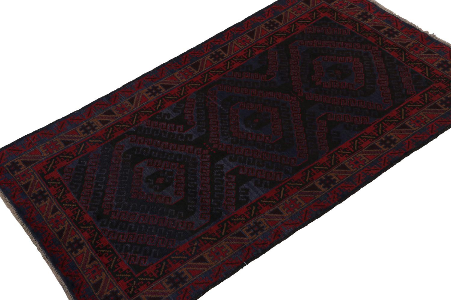 Vintage Afghani Baluch Tribal Rug in Blue with Red Geometric Patterns