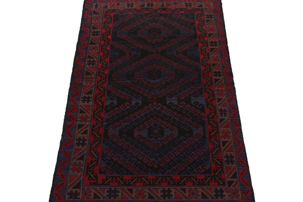 Vintage Afghani Baluch Tribal Rug in Blue with Red Geometric Patterns