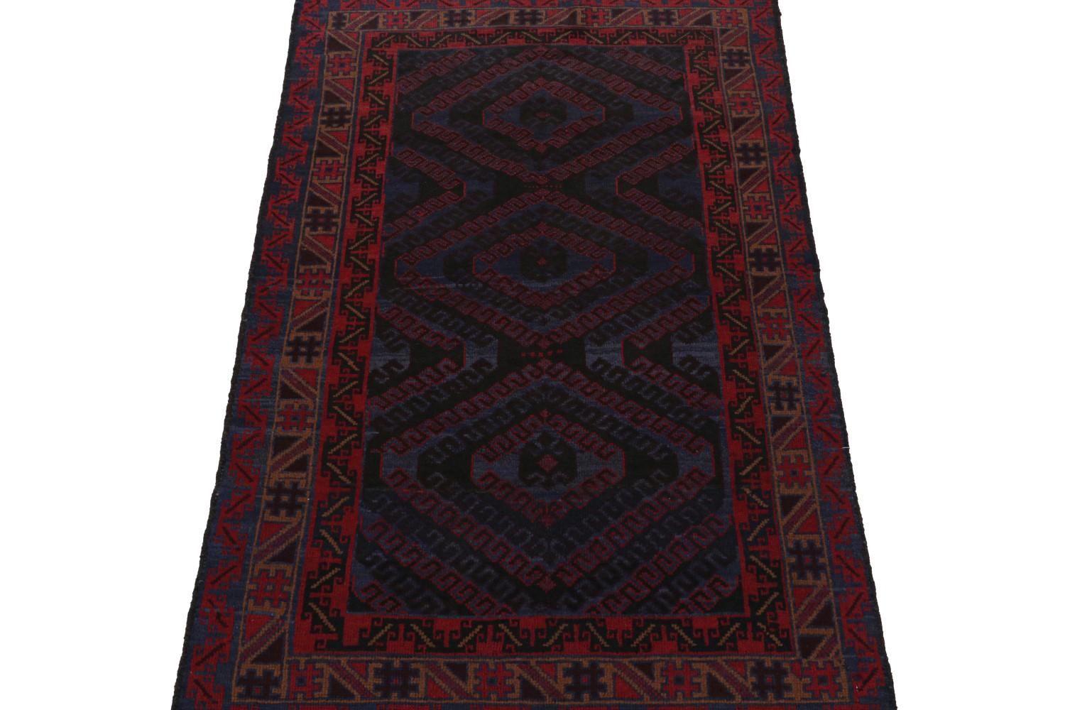 Vintage Afghani Baluch Tribal Rug in Blue with Red Geometric Patterns