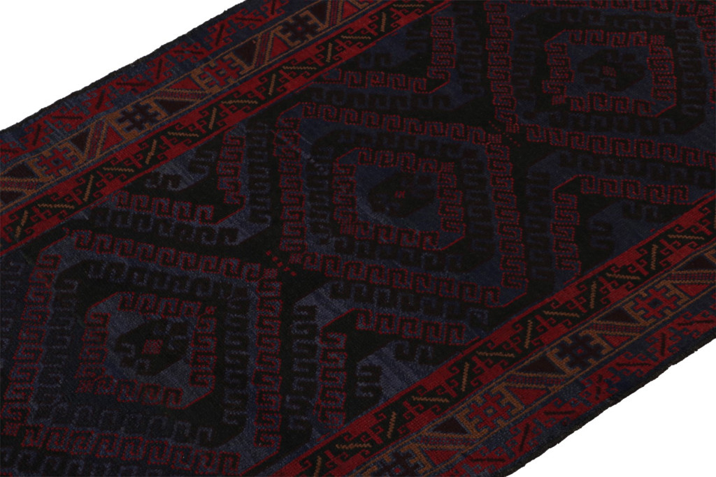 Vintage Afghani Baluch Tribal Rug in Blue with Red Geometric Patterns