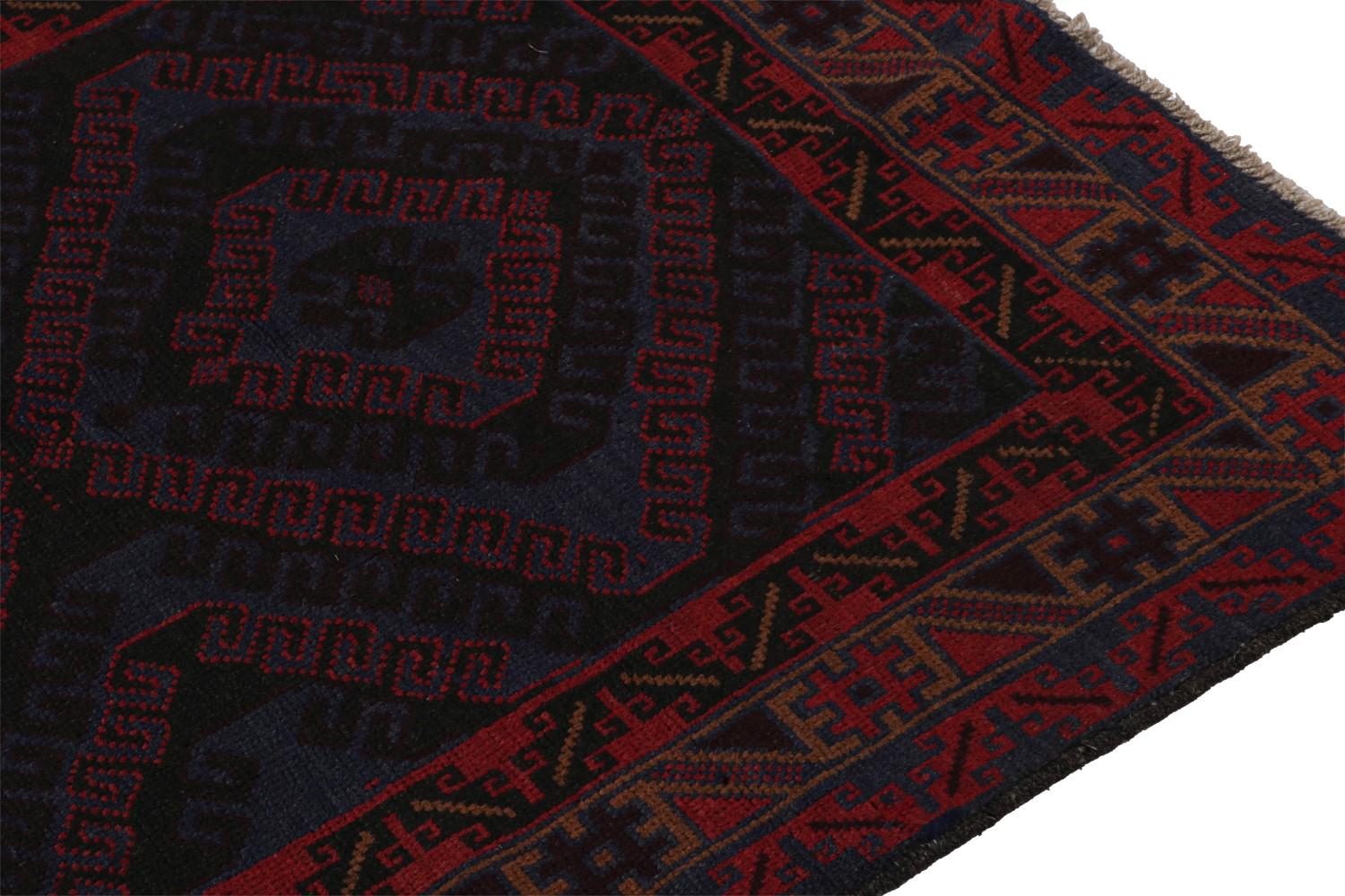 Vintage Afghani Baluch Tribal Rug in Blue with Red Geometric Patterns