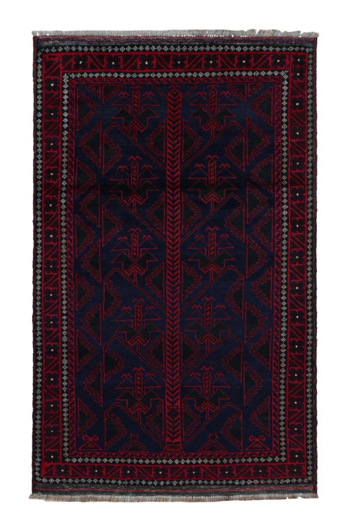 Vintage Afghani Baluch Tribal Rug in Blue with Red Geometric Patterns