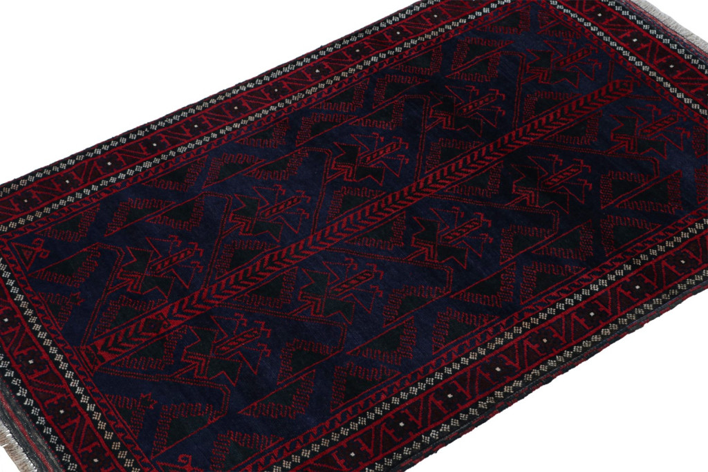 Vintage Afghani Baluch Tribal Rug in Blue with Red Geometric Patterns